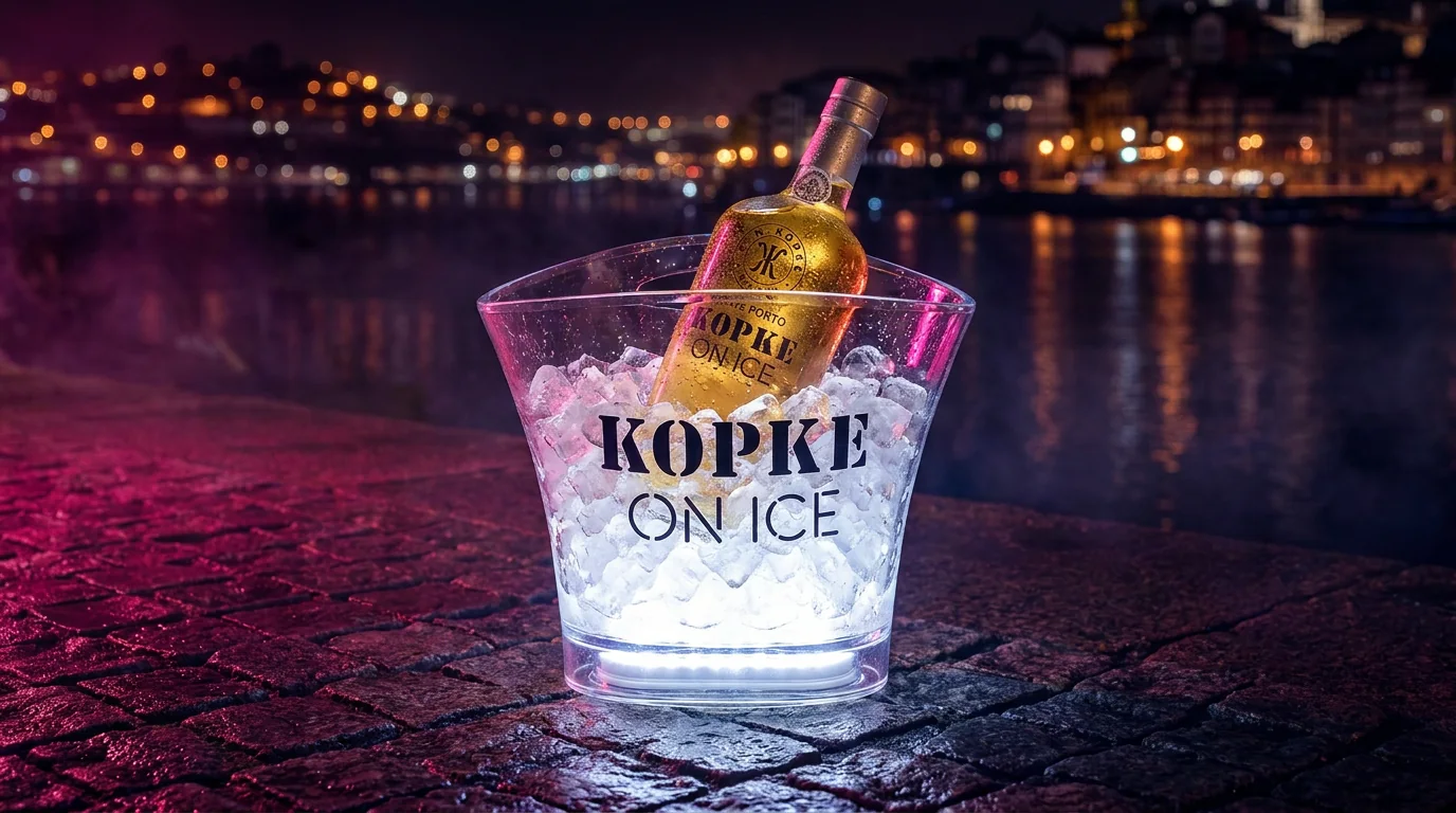 Balde transparente Kopke on Ice com gelo e uma garrafa.