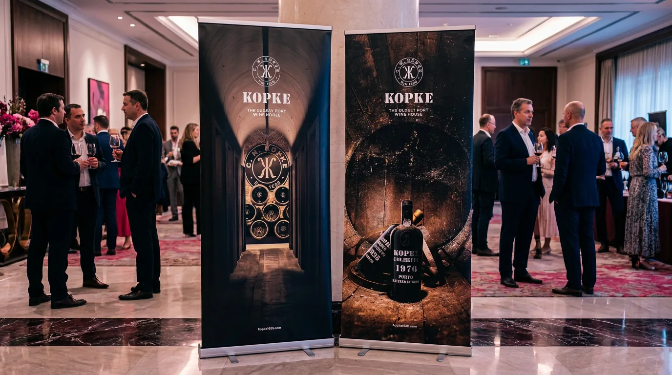 Banners verticais Kopke num espaço de eventos.