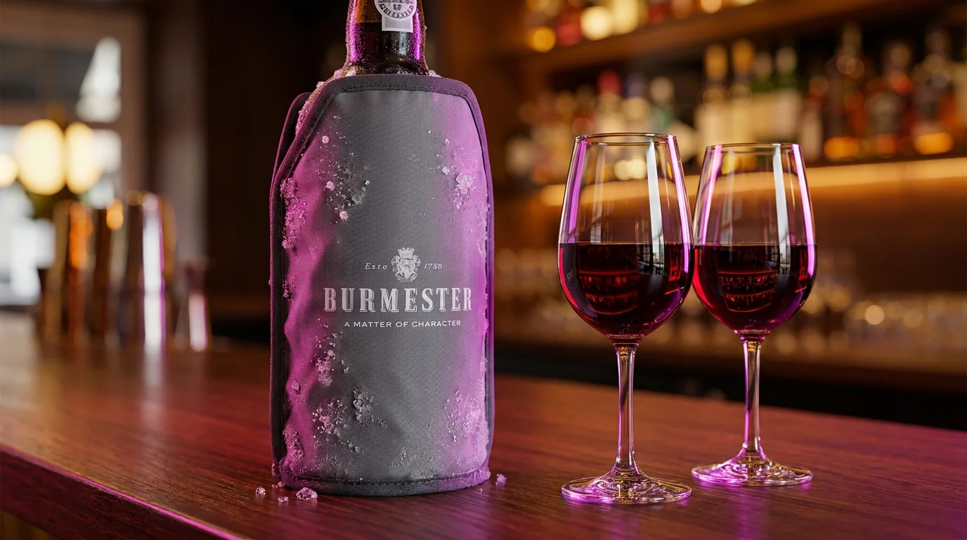 Garrafa Burmester com uma manga de proteção cor-de-rosa.
