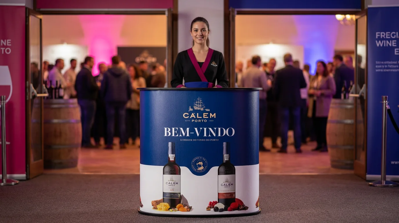 Balcão promocional Cálem num evento.