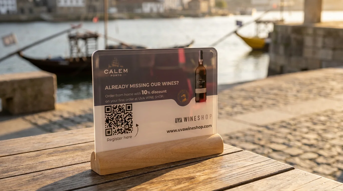 Display Cálem em madeira com código QR.