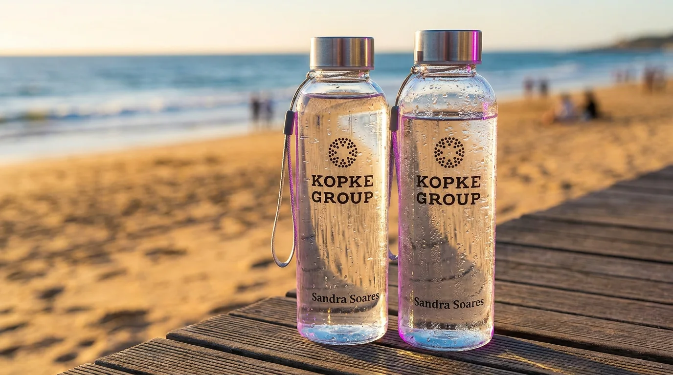 Duas garrafas de água Kopke sobre uma mesa junto à praia.