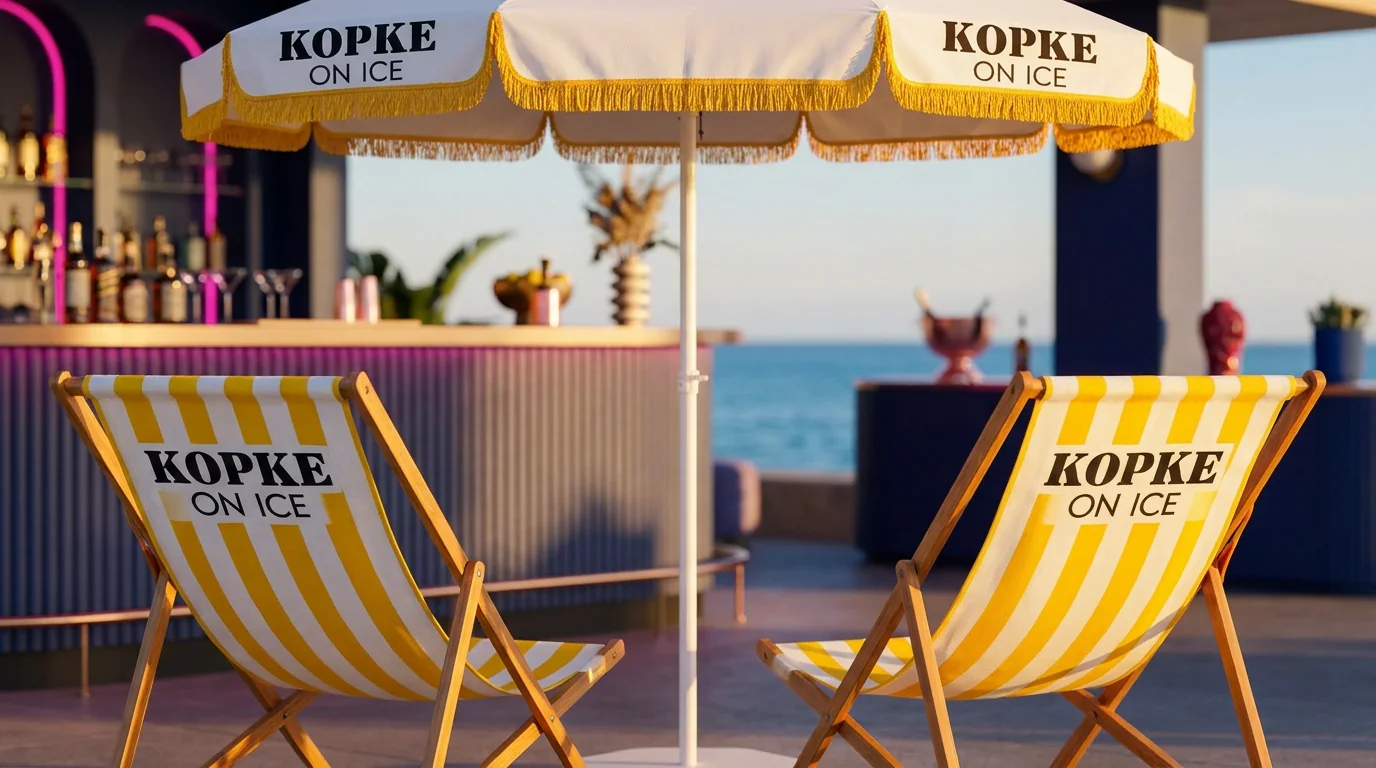 Cadeiras e guarda-sol amarelos com a marca Kopke on Ice.