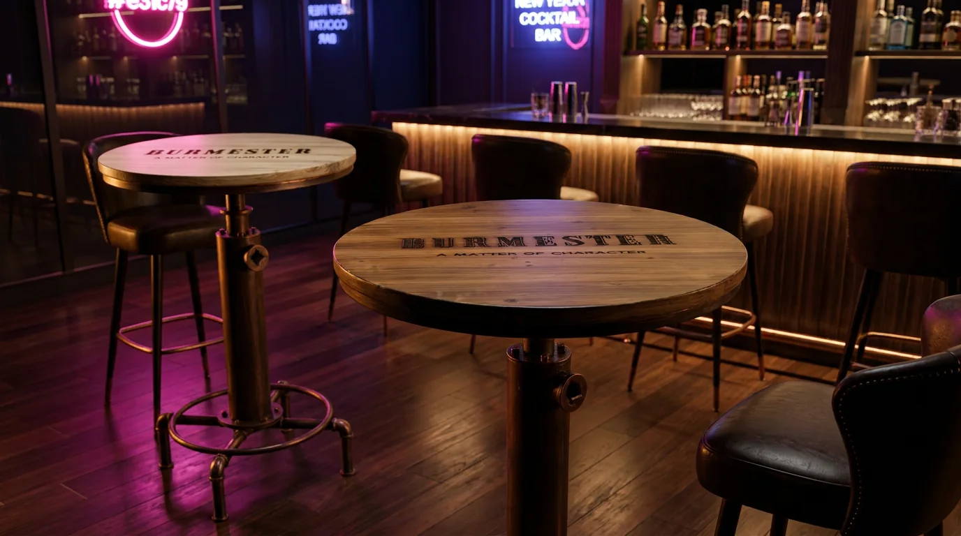 Mesas redondas com a marca Burmester num espaço de bar.