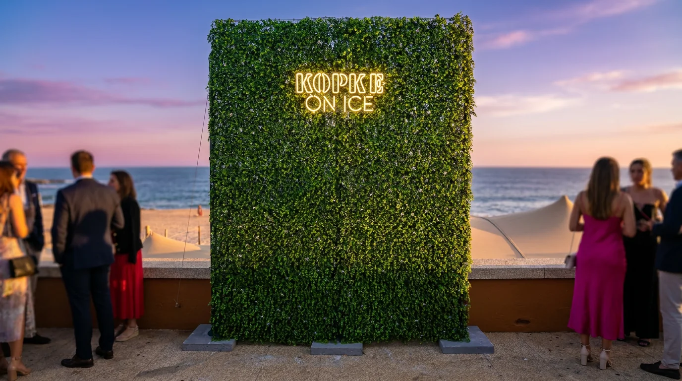 Painel verde Kopke on Ice num evento junto à praia.
