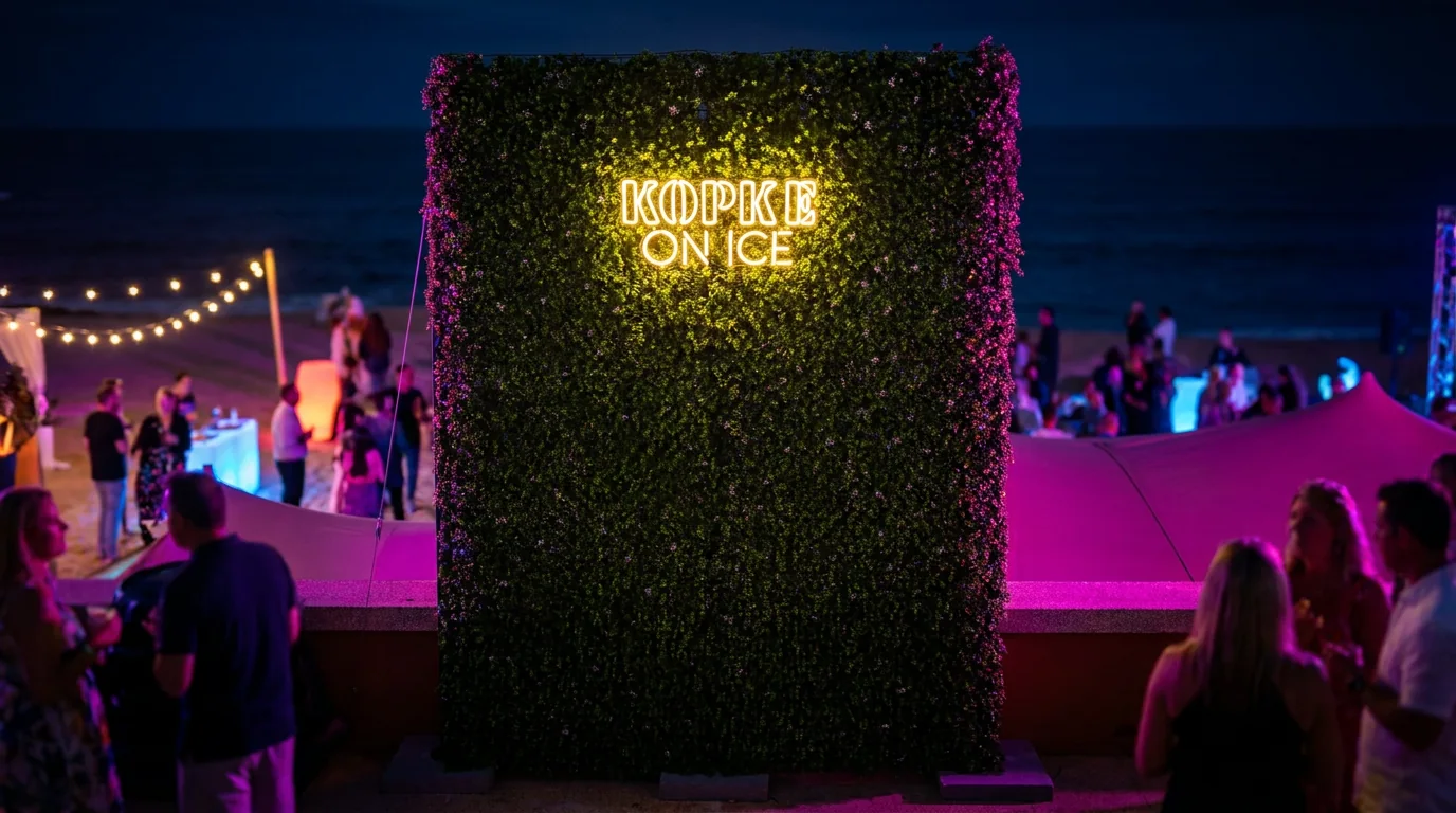 Painel verde com a marca Kopke on Ice iluminada num evento noturno.