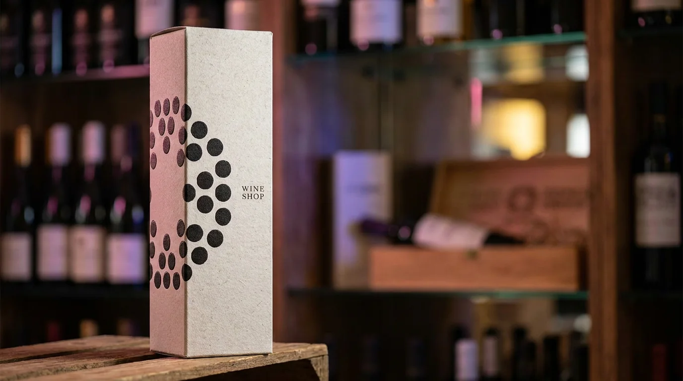 Embalagem para garrafa Wine Shop com impressão circular.