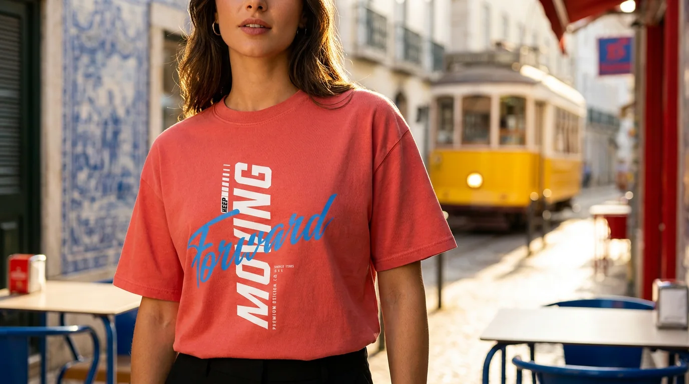 T-shirt vermelha com impressão colorida na parte da frente.