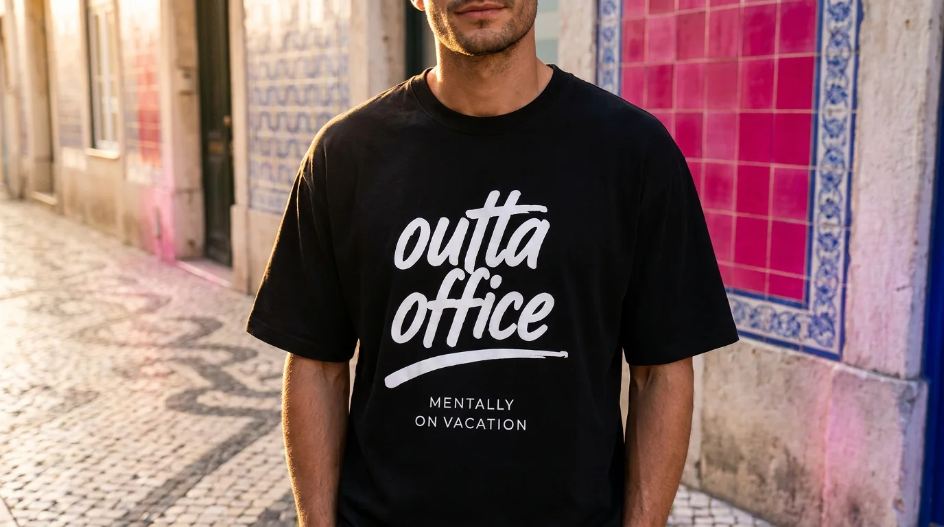 T-shirt preta com a frase Outta Office impressa a branco.