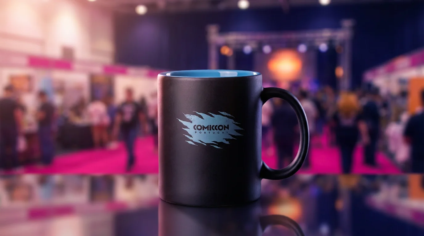 Caneca preta com impressão branca num espaço de eventos.