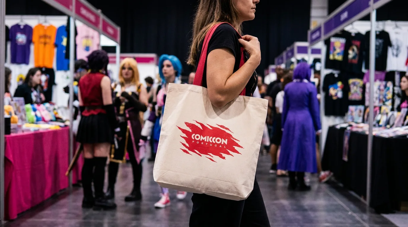 Saco de tecido branco com impressão vermelha num evento Comic Con.