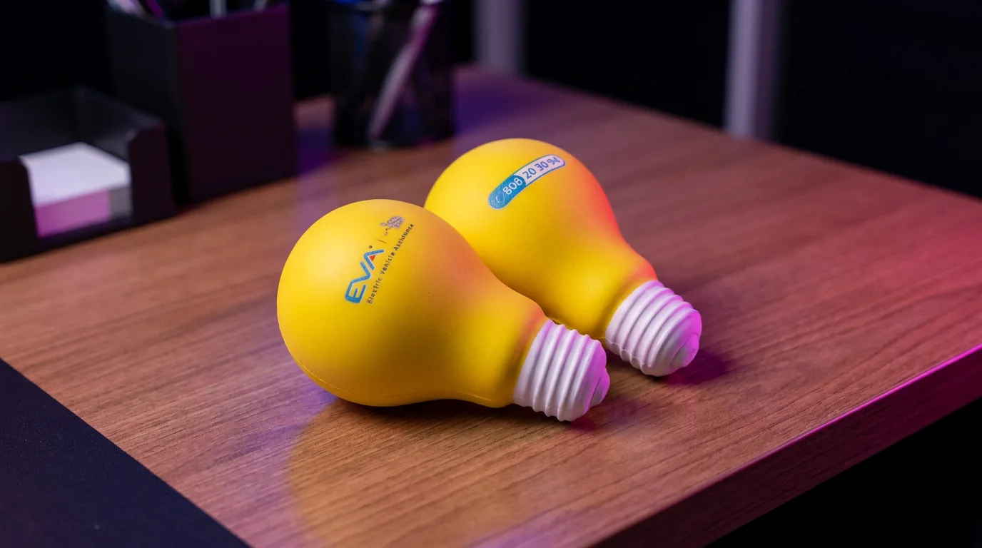 Objetos promocionais amarelos em forma de lâmpada.