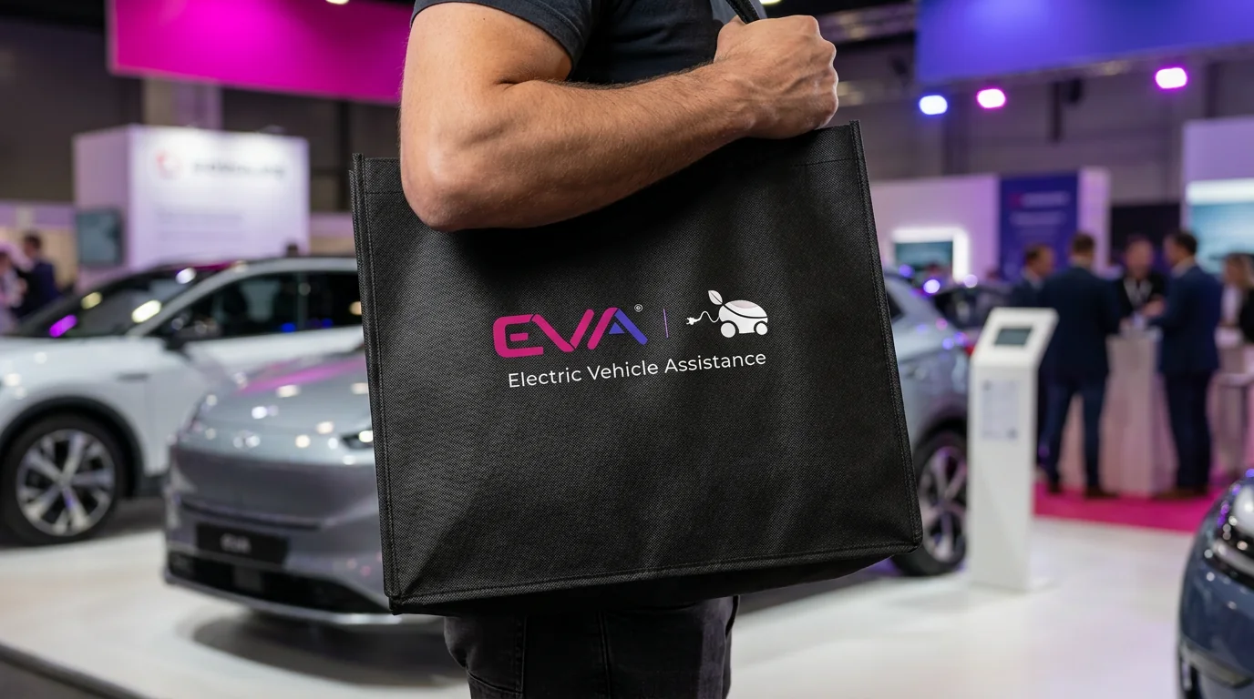 Saco preto personalizado EVA num evento.