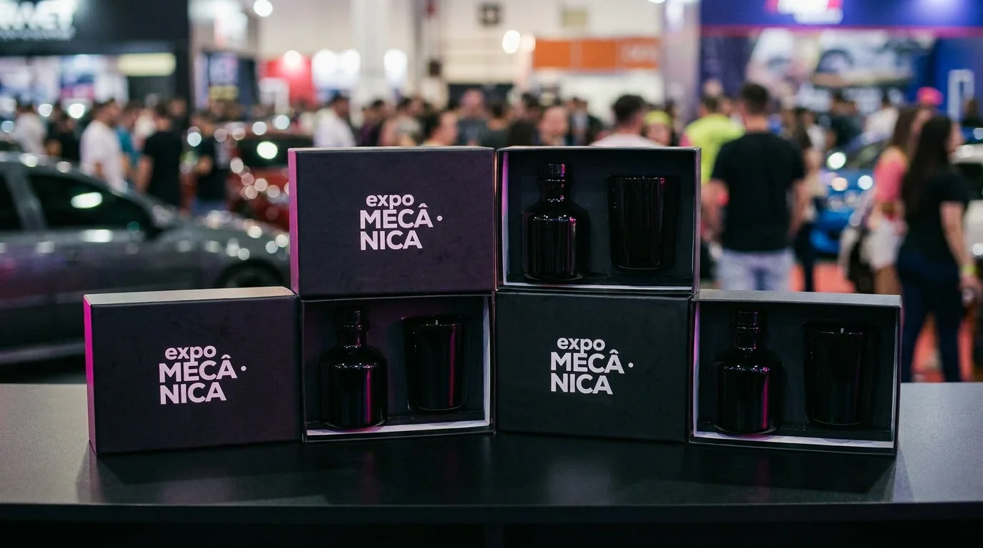 Artigos pretos com a marca Expomecânica num espaço de exposição.