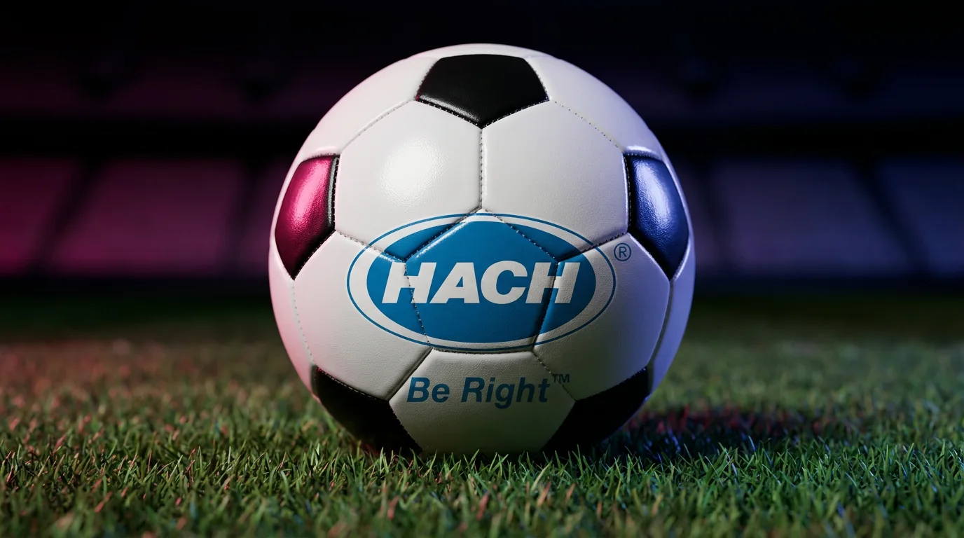 Bola de futebol com a marca Hach sobre um relvado.