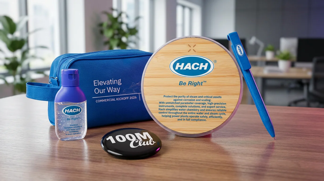Conjunto de artigos Hach com garrafa, raquete, bola e caneta.