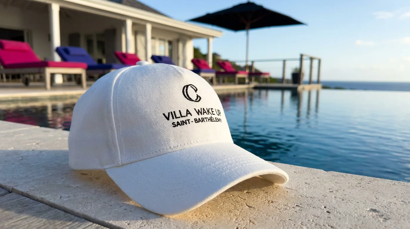 Boné branco Vila Wake Up junto a uma piscina.